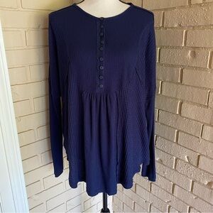 FREE PEOPLE Waffle Ribbed Long Sleeve OVERSIZED Small S Pullover Top Button